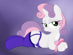 Size: 2331x1767 | Tagged: suggestive, artist:an-tonio, artist:lord waite, sweetie belle, bedroom eyes, bondage, bow, clothes, colored, female, filly, foal, foalcon, g4, garter belt, horn, imported from derpibooru, legwear, panties, pony, purple underwear, ribbon, solo, solo female, thigh highs, underwear, unicorn