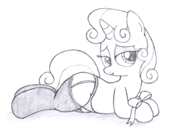 Size: 2331x1767 | Tagged: suggestive, artist:an-tonio, sweetie belle, bedroom eyes, clothes, female, foalcon, g4, garter belt, horn, imported from derpibooru, legwear, monochrome, panties, pony, solo, solo female, thigh highs, traditional art, underwear, unicorn