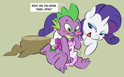 Size: 800x497 | Tagged: suggestive, artist:ponchuzn, rarity, spike, age difference, apron boner, blush sticker, blushing, cute, dialogue, dragon, duo, duo male and female, erection, female, foalcon, g4, green background, horn, imminent sex, imported from derpibooru, interspecies, male, pony, ship:sparity, shipping, simple background, spikabetes, straight, straight shota, unicorn, wingless spike