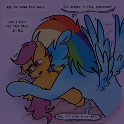 Size: 768x768 | Tagged: semi-grimdark, suggestive, artist:aj_yumesh1p, rainbow dash, scootaloo, abuse, age difference, bedsheets, blushing, crying, dark, dim light, dubious consent, erection, female, female on female rape, filly, filly on mare, foal, foalcon, g4, hickey, horny, imminent rape, imminent sex, implied non-consensual, implied sex, imported from derpibooru, lesbian, mare, mare on filly, nonconsensual, onomatopoeia, out of character, pegasus, pony, scared, scootabuse, semi-anthro, shivering, speech bubble, spread wings, straddling, sweat, sweatdrop, teary eyes, text, wingboner, wings