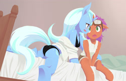 Size: 4000x2576 | Tagged: suggestive, artist:siagia, oc, oc:fidgety dandelion, anthro, arm hooves, blushing, breasts, butt, canon x oc, clothes, foalcon, g4, imported from derpibooru, lingerie, panties, plot, semi-anthro, shipping, straight, trixie, underwear, unicorn