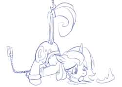Size: 1000x715 | Tagged: suggestive, artist:arkiiwarki, princess luna, alicorn, ass up, ballgag, bondage, bound wings, crown, crying, cuffs, face down ass up, female, filly, floppy ears, foal, foalcon, g4, gag, imported from derpibooru, monochrome, pony, sad, solo, solo female, tail pull, woona, woonabuse