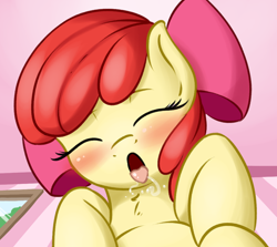 Size: 988x880 | Tagged: suggestive, artist:fearingfun, apple bloom, adorabloom, blushing, cropcon, cute, earth pony, edit, explicit source, female, filly, foal, foalcon, g4, gasp, implied sex, imported from derpibooru, offscreen character, on back, orgasm, pony, pov, solo, solo female, tongue out