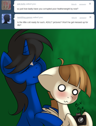 Size: 1280x1667 | Tagged: suggestive, artist:kloudmutt, oc, oc:klodette, :3, ask, ask klodette, blank eyes, blushing, camera, canon x oc, ear bite, empty eyes, featherweight, female, foalcon, g4, imported from derpibooru, male, source needed, straight, tumblr