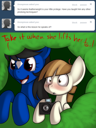 Size: 1280x1715 | Tagged: suggestive, artist:kloudmutt, oc, oc:klodette, ask, ask klodette, camera, featherweight, foalcon, g4, imported from derpibooru, pony, tumblr