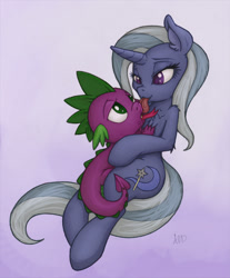 Size: 647x780 | Tagged: suggestive, artist:dfectivedvice, artist:transgressors-reworks, spike, age difference, color edit, colored, dragon, drool, duo, duo male and female, edit, female, foalcon, g4, human shoulders, imported from derpibooru, kissing, licking, male, mare, pony, ship:spixie, shoulder fluff, sloppy kissing, straight, trixie, unicorn, wingless spike