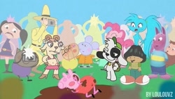 Size: 1163x656 | Tagged: suggestive, artist:loulouvz, pinkie pie, animal, anthro, anthro with ponies, austin (the backyardigans), barely pony related, crossover, curious george, danny dog, discovery kids, discovery kids drama, dog, doki, doki (tv series), earth pony, earth to luna, elephant, emily elephant, fetish, foalcon, g4, gabi (doki), goat, human, implied masturbation, imported from derpibooru, kangaroo, luna (earth to luna), man in the yellow hat, monkey, mud, mud puddle, muddy, my big big friend, out of character, pedro pony, peppa pig, peppa pig (character), pig, plantigrade anthro, pony, rabbit, rebecca rabbit, semi-anthro, spaicy chicross, the backyardigans, varying degrees of want, wat, why, wtf, yuri (my big big friend)