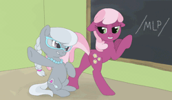Size: 1160x672 | Tagged: suggestive, artist:bananasplitzel, artist:da-waffle, artist:rainbow-dosh, silver spoon, /mlp/, 4chan, against wall, animated, bdsm, bedroom eyes, blinking, braid, butt, chalkboard, cheerilee, classroom, drawthread, earth pony, female, femdom, filly, floppy ears, foal, foalcon, foaldom, frame by frame, g4, glasses, grin, imported from derpibooru, jewelry, lesbian, lip bite, looking back, mare, mare on filly, necklace, pearl necklace, plot, pony, ship:cheerispoon, shipping, sitting, smiling, spanking, wince