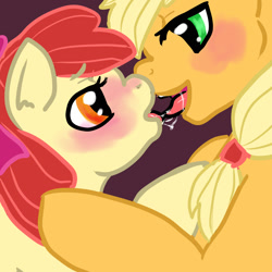 Size: 1000x1000 | Tagged: suggestive, artist:whale, apple bloom, applejack, age difference, applecest, drool, drool string, duo, earth pony, female, filly, foal, foalcon, french kiss, g4, imported from derpibooru, incest, kissing, lesbian, mare, mare on filly, pony, ship:bloomjack, shipping, tongue out