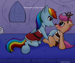 Size: 2400x2000 | Tagged: suggestive, artist:riscke, rainbow dash, scootaloo, blushing, female, foalcon, g4, high res, imported from derpibooru, lesbian, rudolph the red nosed reindeer, ship:scootadash, shipping, this will end in jail time