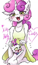 Size: 1024x1744 | Tagged: suggestive, artist:yajima, sweetie belle, :3, anthro, blushing, body swap, breasts, clothes, covering, dress, female, foalcon, g4, imported from derpibooru, kitty belle, opalescence, skirt, skirt lift