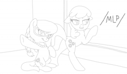 Size: 1160x672 | Tagged: suggestive, artist:bananasplitzel, artist:da-waffle, artist:rainbow-dosh, silver spoon, /mlp/, 4chan, against wall, animated, cheerilee, collaboration, drawthread, earth pony, female, foal, foalcon, foaldom, g4, imported from derpibooru, lesbian, mare on filly, monochrome, pony, ship:cheerispoon, shipping, spanking