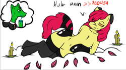 Size: 1012x566 | Tagged: suggestive, apple bloom, oc, oc:anon, anonpony, anonymous, clothes, foalcon, g4, imported from derpibooru, semi-anthro, socks