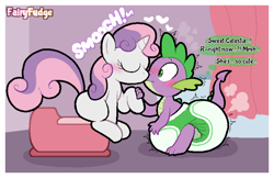 Size: 1562x1010 | Tagged: suggestive, artist:fairyfudge, spike, sweetie belle, bathroom, blushing, but why, cute, diaper, diaper fetish, diapered, dragon, duo, duo male and female, emanata, explicit source, eyes closed, female, fetish, filly, floating heart, foal, foalcon, g4, grotesque source, heart, horn, implied pooping, imported from derpibooru, indoors, kissing, male, non-baby in diaper, onomatopoeia, passepartout, pony, poofy diaper, potty time, ship:spikebelle, shipping, sitting, sitting on toilet, straight, surprise kiss, surprised, thought bubble, thoughts, toilet, unicorn