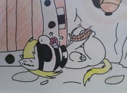 Size: 2560x1861 | Tagged: suggestive, artist:remareshadows, oc, ballgag, blindfold, blushing, bondage, foalcon, gag, imported from derpibooru, male, oc only, pony, rope, solo, solo male, traditional art