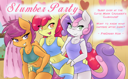 Size: 1031x642 | Tagged: suggestive, artist:ambris, apple bloom, scootaloo, sweetie belle, anthro, bedroom eyes, belly button, blue underwear, boyshorts, bra, bra strap, breasts, butt touch, cleavage, clothes, crop top bra, cutie mark crusaders, delicious flat chest, earth pony, female, flatie belle, flattle bloom, foalcon, g4, green underwear, hand on butt, implied foalcon, imported from derpibooru, midriff, multiple variants, panties, scootaflat, smiling, tank top, three fingers, underwear