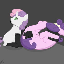 Size: 1200x1200 | Tagged: suggestive, sweetie belle, artist needed, blindfold, clothes, collar, covered cutie mark, cutiemarking, duct tape, earth pony, female, femdom, femsub, filly, foal, foalcon, foaldom, g4, imported from derpibooru, latex, latex socks, leash, pet play, pony, socks, source needed, submissive, suri polomare, sweetiedom, tape, unicorn