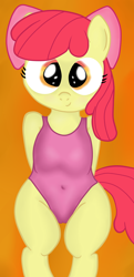 Size: 1472x3038 | Tagged: suggestive, artist:an-tonio, artist:lord waite, apple bloom, belly button, cameltoe, clothes, colored, female, filly, foal, foalcon, g4, imported from derpibooru, one-piece swimsuit, show accurate, solo, solo female, swimsuit