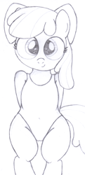 Size: 1472x3038 | Tagged: suggestive, artist:an-tonio, apple bloom, belly button, cameltoe, clothes, derpibooru exclusive, female, filly, foal, foalcon, g4, imported from derpibooru, monochrome, one-piece swimsuit, solo, solo female, swimsuit, traditional art