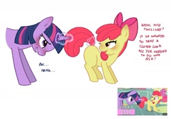 Size: 1636x1140 | Tagged: suggestive, artist:melonpan, apple bloom, twilight sparkle, blank flank, blushing, call of the cutie, dialogue, female, foal, foalcon, g4, heart, heart eyes, horn, imported from derpibooru, lesbian, looking at each other, looking at someone, magic, mare, my little pony: friendship is magic, pony, scene interpretation, screencap reference, ship:twibloom, shipping, simple background, text, twilight is a foal fiddler, unicorn, white background, wingding eyes