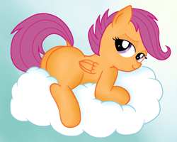 Size: 2510x2013 | Tagged: suggestive, artist:an-tonio, artist:lord waite, scootaloo, butt, cloud, colored, female, filly, foal, foalcon, g4, high res, imported from derpibooru, plot, solo, solo female, stupid sexy scootaloo