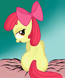 Size: 1729x2059 | Tagged: suggestive, artist:an-tonio, artist:lord waite, apple bloom, bed, bedroom eyes, bloom butt, butt, colored, earth pony, female, foalcon, g4, imported from derpibooru, looking back, plot, pony, simple background, solo, solo female