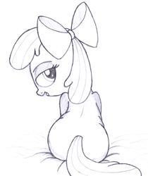 Size: 1729x2059 | Tagged: suggestive, artist:an-tonio, apple bloom, bedroom eyes, earth pony, female, foalcon, g4, imported from derpibooru, looking back, monochrome, pony, solo, solo female, traditional art