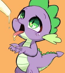 Size: 658x742 | Tagged: suggestive, artist:semi-kon, spike, blushing, dead source, dragon, foalcon, g4, glowing eyes, hands together, ice cream, imported from derpibooru, looking up, male, simple background, solo, sweat, tongue out
