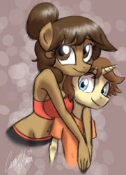 Size: 735x1014 | Tagged: suggestive, artist:ceehoff, oc, oc:georgia lockheart, oc:ollie cotter, anthro, anthro oc, couple, female, foalcon, georgia replies, hug, imported from derpibooru, looking at you, male, midriff, oc only, smiling, straight