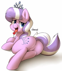 Size: 2681x3061 | Tagged: suggestive, artist:marble-soda, diamond tiara, bedroom eyes, butt, drool, earth pony, featureless crotch, female, filly, foal, foalcon, g4, high res, hoof hold, imported from derpibooru, licking, lollipop, looking at you, looking back, open mouth, plot, pony, prone, simple background, smiling, solo, solo female, tail, tail aside, tongue out, white background