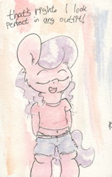 Size: 670x1057 | Tagged: suggestive, artist:slightlyshade, diamond tiara, belly button, clothes, female, foalcon, frilly underwear, g4, imported from derpibooru, midriff, panties, shirt, short, short shirt, solo, traditional art, underwear
