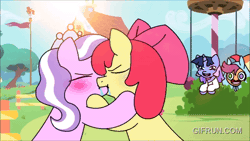 Size: 520x293 | Tagged: suggestive, artist:tamers12345, apple bloom, diamond tiara, scootaloo, oc, oc:flawless sparklemoon, animated, drool, female, foalcon, french kiss, fusion, fusion:trixie, fusion:twilight sparkle, fusion:twixie, g4, heterochromia, imported from derpibooru, kissing, lesbian, my little pony the movie: sweetie belle in love, outdoors, pony, ship:diamondbloom, shipping