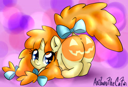 Size: 2046x1402 | Tagged: suggestive, artist:anibaruthecat, anus, bodypaint, bow, butt, cute, female, foal, foalcon, food, g4, imported from derpibooru, looking at you, nudity, older, plot, pony, pumpkin, pumpkin butt, pumpkin cake, pumpkinbutt, simplistic anus, smiling, solo, solo female, unicorn