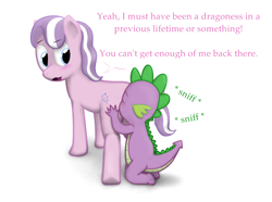 Size: 6443x4800 | Tagged: suggestive, artist:jdnehberefncuhn, diamond tiara, spike, absurd resolution, blushing, butt sniffing, dialogue, dragon, earth pony, faceful of ass, filly, foal, foalcon, g4, imported from derpibooru, interspecies, looking back, male, nudity, olfactophilia, pony, ship:spiketiara, smell, smelling, sniffing