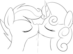 Size: 680x510 | Tagged: suggestive, artist:mcsadat, scootaloo, sweetie belle, dead source, drool, duo, eyes closed, female, filly, filly on filly, foal, foalcon, french kiss, g4, imported from derpibooru, kiss on the lips, kissing, lesbian, mare, monochrome, pegasus, pony, ship:scootabelle, shipping, sloppy kissing, unicorn
