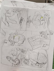 Size: 1561x2048 | Tagged: suggestive, artist:parumpi, spike, twilight sparkle, age difference, baseball cap, bottom heavy, butt, cap, clothes, comic, cookie, dock, dragon, duo, duo male and female, emanata, female, foalcon, food, full body hotdogging, g4, grayscale, grocery store, hat, horn, huge butt, hyper, hyper butt, implied tail hole, imported from derpibooru, impossibly large butt, indoors, large butt, male, monochrome, pants, partial color, plot, pony, pseudoincest, restrained, shelf, ship:twispike, shipping, shopping cart, sketch, straight, sweatpants, tail, traditional art, trapped in clothing, twibutt, unicorn, wip