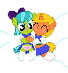 Size: 1024x1094 | Tagged: suggestive, artist:bigdream64, oc, oc:angie, assisted exposure, belly button, blushing, clothes, dead source, embarrassed, embarrassed underwear exposure, female, foalcon, frilly underwear, imported from derpibooru, midriff, oc only, panties, pony, skirt, striped underwear, underwear, unicorn, upskirt