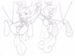 Size: 2061x1547 | Tagged: suggestive, artist:ryuseihikari, apple bloom, sweetie belle, anthro, black and white, blushing, bondage, bound, breast bondage, breasts, cape, cloth gag, clothes, damsel in distress, earth pony, female, foalcon, g4, gag, grayscale, horn, horn ring, imported from derpibooru, kryptonite, magic suppression, mask, midriff, monochrome, panties, skirt, spread legs, superfilly, supergirl, superhero, suspended, sweetie do well, tied up, underwear, upskirt