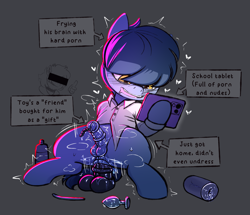 Size: 2376x2043 | Tagged: explicit, artist:nonobody, oc, anal insertion, balls, bottle, buttplug, cellphone, censored eyes, clothes, collared shirt, colt, dildo, dildo sitting, earth pony, erection, fleshlight, foal, foalcon, full body, genitals, gray background, hoof hold, horsecock, horsecock dildo, imported from derpibooru, insertion, long sleeves, lube, male, nudity, oc name needed, oc only, part of a set, penetrable sex toy, penis, phone, pony, riding, sex toy, shirt, simple background, sketch inset, smartphone, solo, solo male, text, thumbs up, trembling, upper teeth only, urethral beads, urethral insertion, white shirt