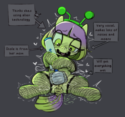 Size: 2250x2109 | Tagged: explicit, artist:nonobody, oc, alien costume, anatomically correct, anus, dock, earth pony, fangs, female, filly, foal, foalcon, freckles, full body, gradient hair, gray background, headband, heart, heart eyes, heart tongue, hitachi wand, imported from derpibooru, lying down, nudity, oc only, on back, open mouth, part of a set, pegasus, pony, sex toy, simple background, sitting, solo, solo female, tail, text, trembling, vaginal secretions, vibrator, vulva, wingding eyes