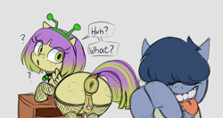 Size: 648x343 | Tagged: explicit, artist:nonobody, oc, alien costume, anatomically correct, anus, clitoris, clothes, collar, colt, colt on filly, dock, earth pony, female, filly, fishnet clothing, fishnet stockings, foal, foalcon, gradient hair, gray background, headband, hooves together, imported from derpibooru, legwear, looking back, male, nightstand, nudity, oc only, pegasus, pony, question mark, reverse foalcon, simple background, speech bubble, spread wings, stockings, straight, tail, tongue out, vulva, wings