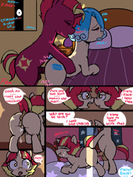 Size: 1500x2000 | Tagged: explicit, artist:fawxs, oc, oc:blaze nova, oc:crimson nova, oc:flare nova, oc:misty river, anatomically correct, anus, balls, bed, brother and sister, butt, colt, colt on filly, comic, dark genitals, dialogue, dock, dripping, earth pony, female, filly, foal, foalcon, fun for the whole family, genitals, horn, horsecock, imported from derpibooru, incest, indoors, male, mare, married couple, medial ring, nudity, oc only, oc x oc, on bed, penetration, penis, plap, plot, ponut, pony, raised tail, rear view, sex, shipping, sibling incest, siblings, stallion, stallion on mare, stealth sex, straight, sweat, tail, unicorn, vaginal, vaginal secretions, voyeurism, vulva