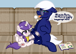 Size: 3000x2163 | Tagged: explicit, artist:hedgelordafterdark, oc, oc:clouded thought, oc:snowie aura, age difference, ahegao, blue coat, braid, clitoris, commission, couch, cum, cum on hair, cumming, dialogue, earth pony, facial, female, filly, filly on stallion, foal, foalcon, freckles, g4, genitals, glasses, hoofjob, horn, imported from derpibooru, indoors, kerchief, lidded eyes, male, male orgasm, motion lines, neckerchief, not canon, nudity, on couch, open book, open mouth, panting, pink coat, pony, purple mane, raised leg, show accurate, show accurate porn, signature, speech bubble, spread legs, spreading, stallion, story book, straight, stroking, text, therapist, tongue out, unicorn, vulva, vulvar winking, white mane