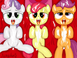 Size: 1280x960 | Tagged: explicit, artist:jaraart, apple bloom, scootaloo, sweetie belle, ahegao, creampie, cum, cum in mouth, cum on body, cum on hair, cutie mark crusaders, earth pony, facial, female, filly, foal, foalcon, g4, genitals, horn, imported from derpibooru, looking at you, lying down, nudity, on back, open mouth, oral creampie, pegasus, tongue out, unicorn, vaginal creampie, vulva