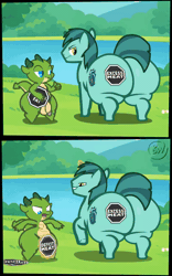 Size: 800x1280 | Tagged: explicit, artist:bonguitoweon, oc, 2 panel comic, animated, balls, bottom heavy, bush, comic, context in description, dragon, duo, duo male, fat, flaccid, foalcon, frown, genitals, gif, horn, huge butt, human penis, imported from derpibooru, impossibly large butt, impossibly large thighs, lake, large butt, looking back, looking down, magic, male, males only, nudity, oc only, open mouth, outdoors, penis, pony, sign, smiling, spanish meme, stallion, teasing, telekinesis, the ass was fat, thighs, thunder thighs, twerking, unicorn, water
