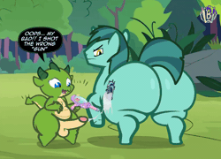 Size: 1280x922 | Tagged: explicit, artist:bonguitoweon, oc, animated, annoyed, balls, belly, big penis, bottom heavy, butt, cum, cum on butt, dialogue, dragon, duo, duo male, erection, fat, foalcon, gay, genitals, gif, horn, huge butt, imported from derpibooru, impossibly large butt, impossibly large penis, impossibly large thighs, large butt, looking back, male, males only, nudity, oc only, open mouth, open smile, outdoors, penis, plot, pony, smiling, speech bubble, thighs, third leg, thunder thighs, tree, twerking, unicorn, watergun