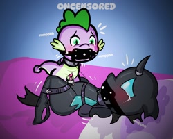 Size: 2500x2000 | Tagged: explicit, artist:oncensored, spike, alternate version, arm behind back, bdsm, belts, blushing, bondage, bound together, bound wings, changeling, chastity, chastity cage, collar, crying, dragon, duo, duo male, emanata, foalcon, g4, gag, gagging, genitals, horn, horn ring, imported from derpibooru, knee tied, linked collars, looking at each other, looking at someone, magic suppression, male, muffled moaning, nudity, panel gag, penis, ring, sex toy, thorax, vibrator, wingless spike, wings