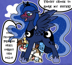 Size: 1572x1420 | Tagged: explicit, artist:alleymutt, princess luna, age difference, alicorn, alicorn costume, anus, balls, big balls, big penis, blushing, celestia costume, clothes, colt, costume, crown, dialogue, dock, duo, earth pony, fake horn, fake wings, fangs, female, fifth leg, flared, foal, foalcon, futa, futa on colt, futa on male, futa princess luna, g4, genitals, height difference, horsecock, imminent death, imminent foalcon, imminent rape, imminent sex, imported from derpibooru, impossibly large balls, impossibly large penis, intersex, jewelry, larger futa, lust, male, mare, mare on colt, nightmare night, nudity, penis, pipsqueak, pony, regalia, sheath, ship:lunapip, shipping, shoes, size difference, smaller male, speech bubble, spread wings, straight, straight shota, surprised, tail, teasing, text, this will end in death, this will end in tears, wingboner, wings, young