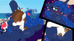 Size: 5216x2904 | Tagged: explicit, artist:sherathoz, artist:tolpain, princess luna, age difference, alicorn, anatomically correct, beach, beach towel, belly, belly button, blushing, chest fluff, clitoris, close-up, collaboration, colt, colt on mare, crotchboobs, day, drool, duo, duo male and female, earth pony, ethereal mane, female, floating heart, foal, foalcon, g4, genitals, heart, heart eyes, holding leg, horsecock, human vulva, human vulva on pony, imported from derpibooru, lip bite, male, mare, missionary position, nipples, nudity, outdoor sex, outdoors, penetration, penis, pipsqueak, pony, sex, sex on the beach, ship:lunapip, shipping, size difference, spoken heart, starry mane, starry tail, straight, straight shota, sweat, tail, teats, tremble spikes, vaginal, vulva, wingding eyes