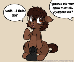 Size: 1548x1299 | Tagged: explicit, artist:alleymutt, oc, oc:butterball, balls, blushing, butt freckles, coat markings, colt, earth pony, floppy ears, foal, foalcon, freckles, genitals, glasses, horsecock, imported from derpibooru, looking at someone, male, nudity, oc only, offscreen character, penis, pony, ponysona, sheath, sheathed, simple background, socks (coat markings), solo, solo male, speech bubble, text, thighs, thunder thighs, young